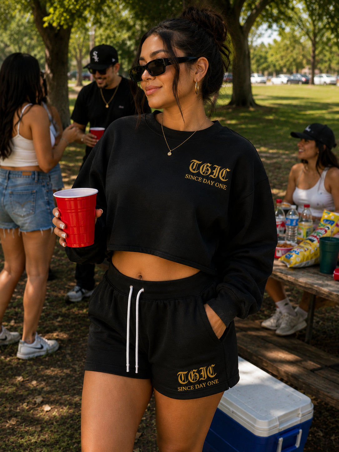 TGIC Since Day One Women's Matching Fleece Set – Cropped Crewneck & Sweatshorts, Black